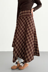 Vintage Coffee Plaid Asymmetrical A Line Midi Skirt