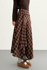 Vintage Coffee Plaid Asymmetrical A Line Midi Skirt