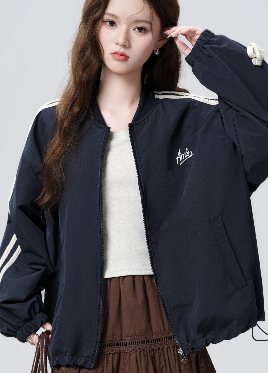 Vintage Deep Blue Bow Baseball Jacket Cardigan