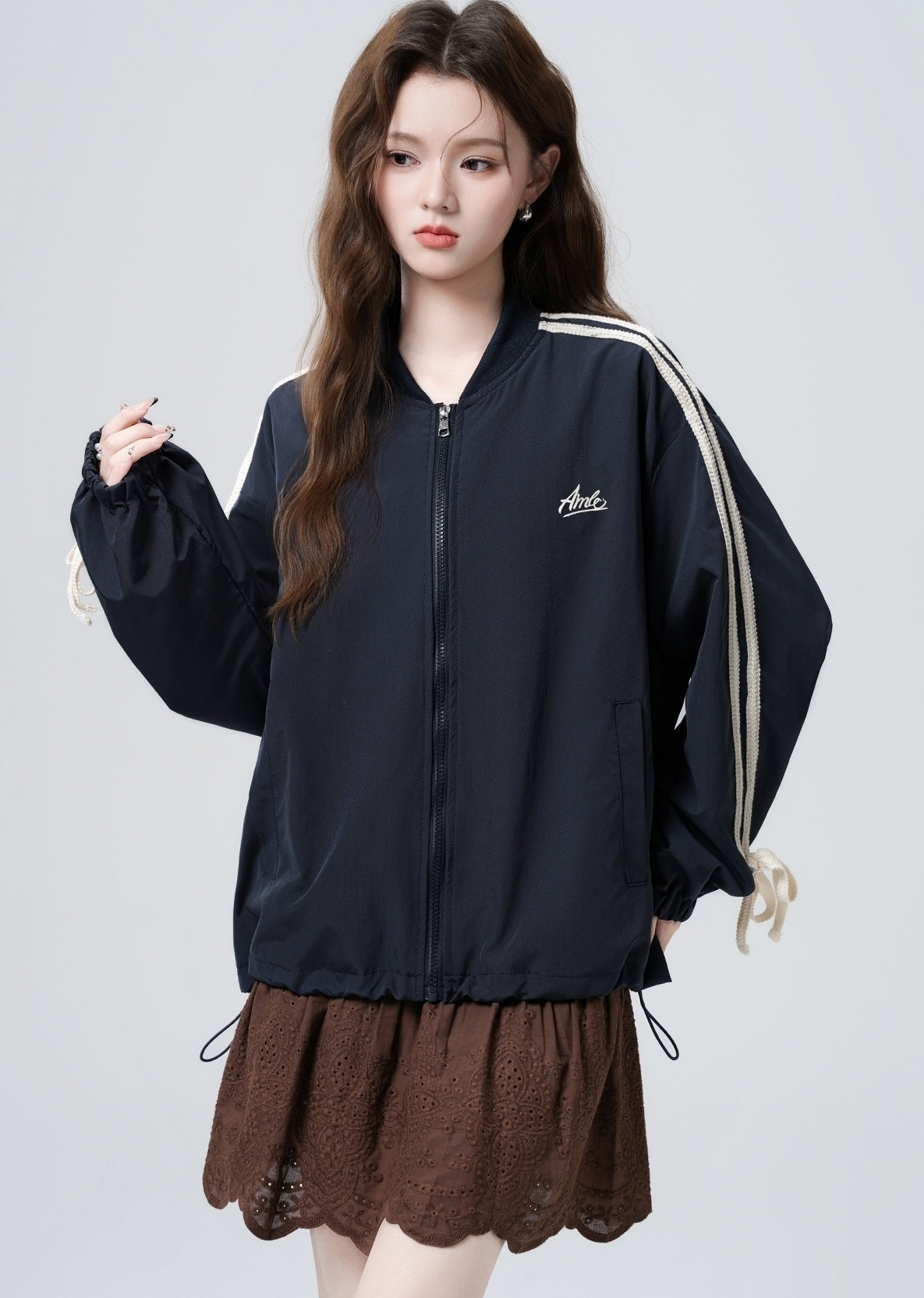 Vintage Deep Blue Bow Baseball Jacket Cardigan