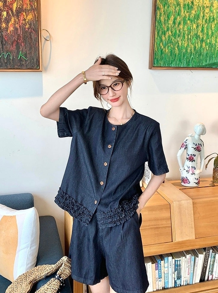 Vintage Deep Blue Ruffled Vest And Skirt Set