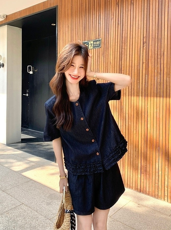 Vintage Deep Blue Ruffled Vest And Skirt Set