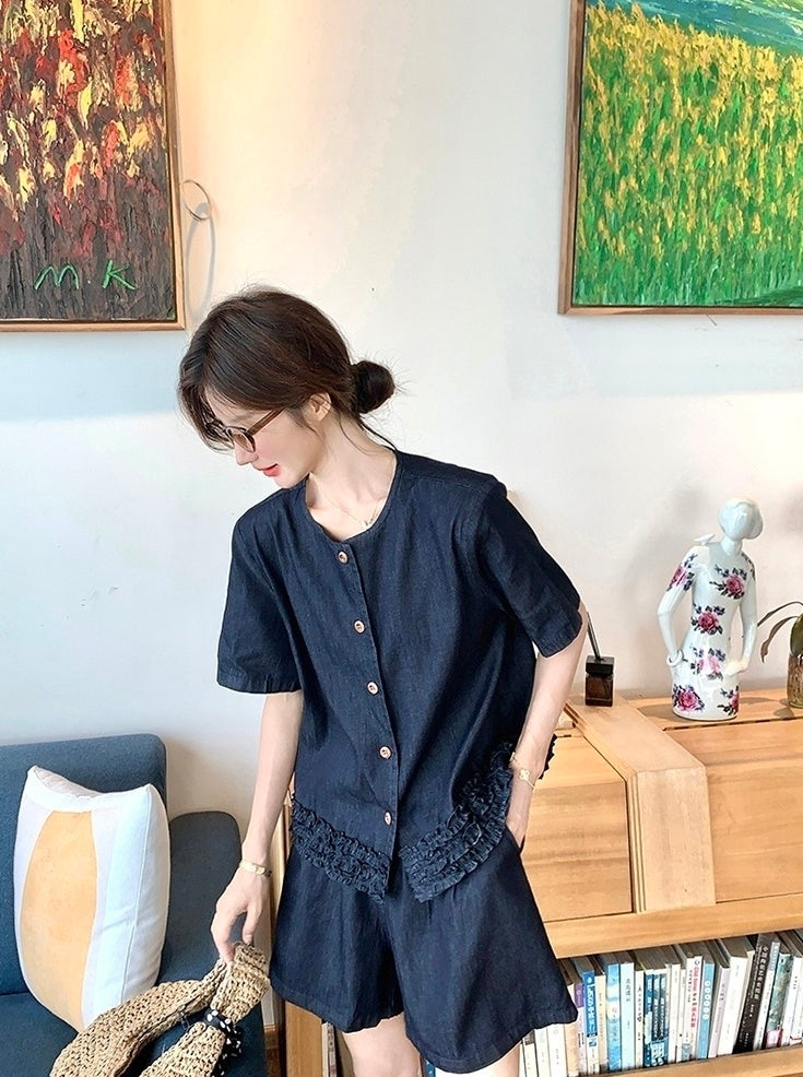 Vintage Deep Blue Ruffled Vest And Skirt Set