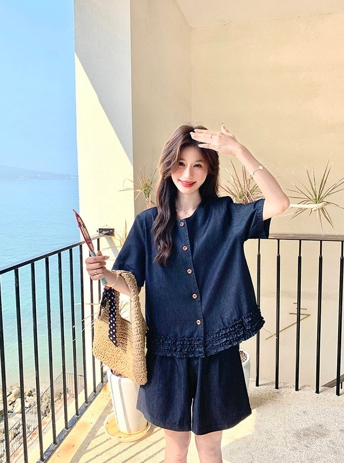 Vintage Deep Blue Ruffled Vest And Skirt Set
