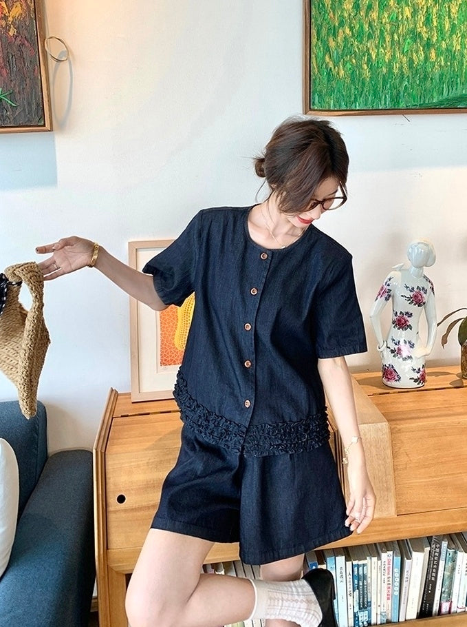 Vintage Deep Blue Ruffled Vest And Skirt Set