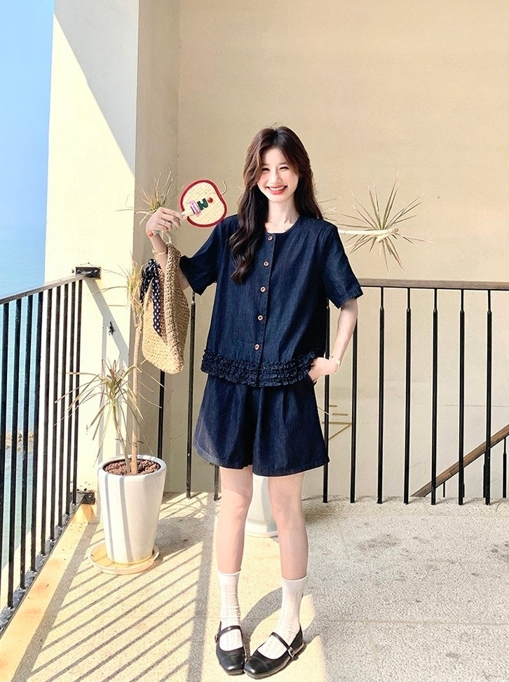 Vintage Deep Blue Ruffled Vest And Skirt Set