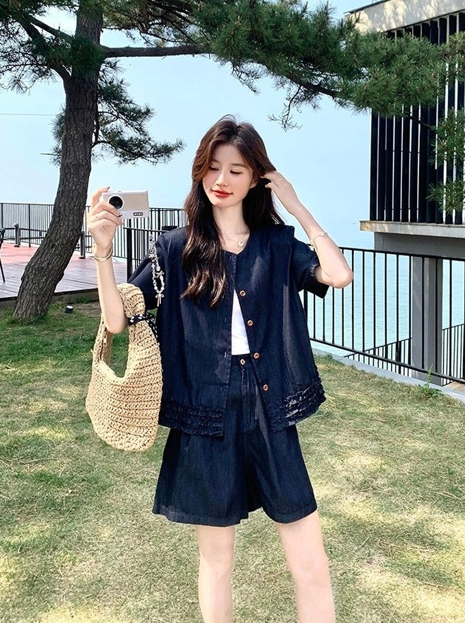 Vintage Deep Blue Ruffled Vest And Skirt Set