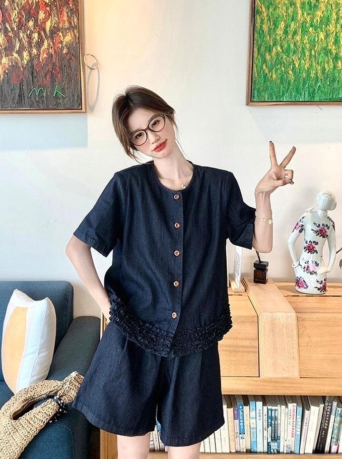 Vintage Deep Blue Ruffled Vest And Skirt Set