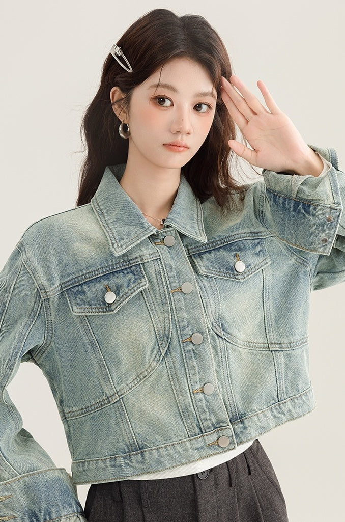 Vintage Denim Cropped Jacket Classic Style