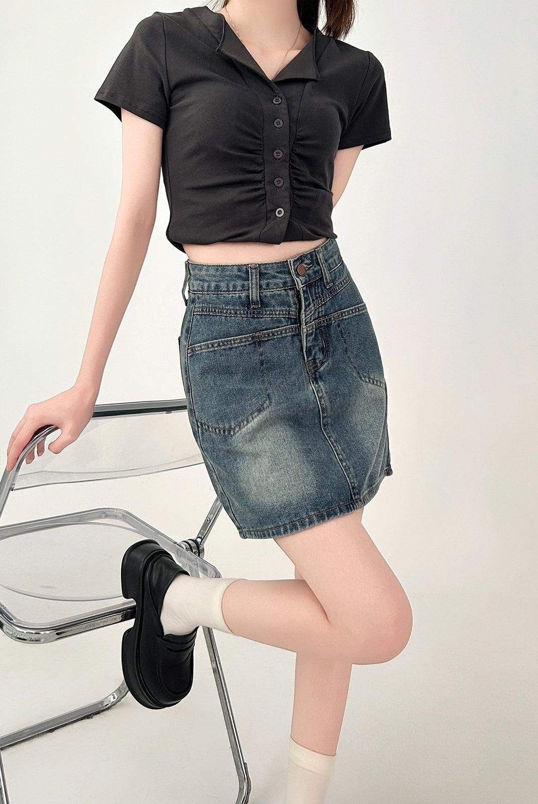 Vintage Denim High Waist Slimming A Line Skirt