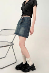 Vintage Denim High Waist Slimming A Line Skirt