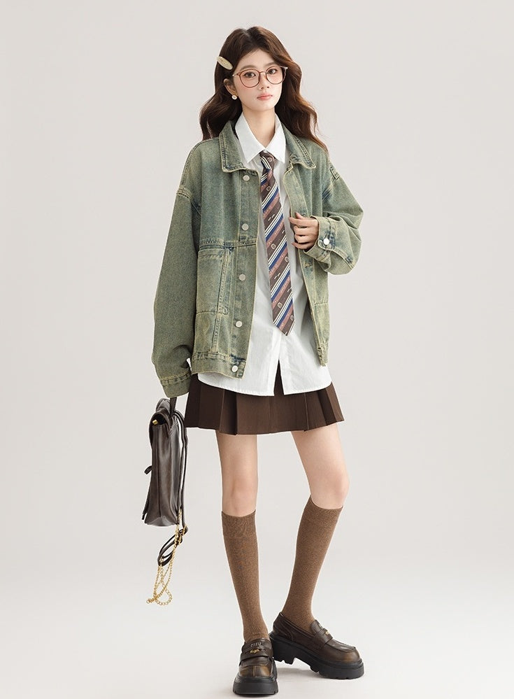 Green Vintage Denim Jacket Casual Chic