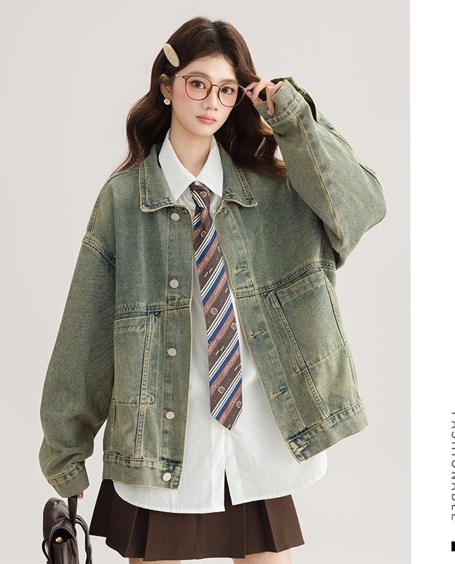 Green Vintage Denim Jacket Casual Chic