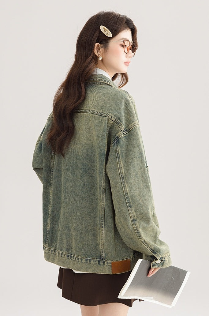 Green Vintage Denim Jacket Casual Chic