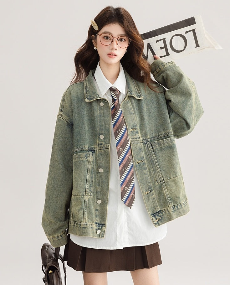 Green Vintage Denim Jacket Casual Chic