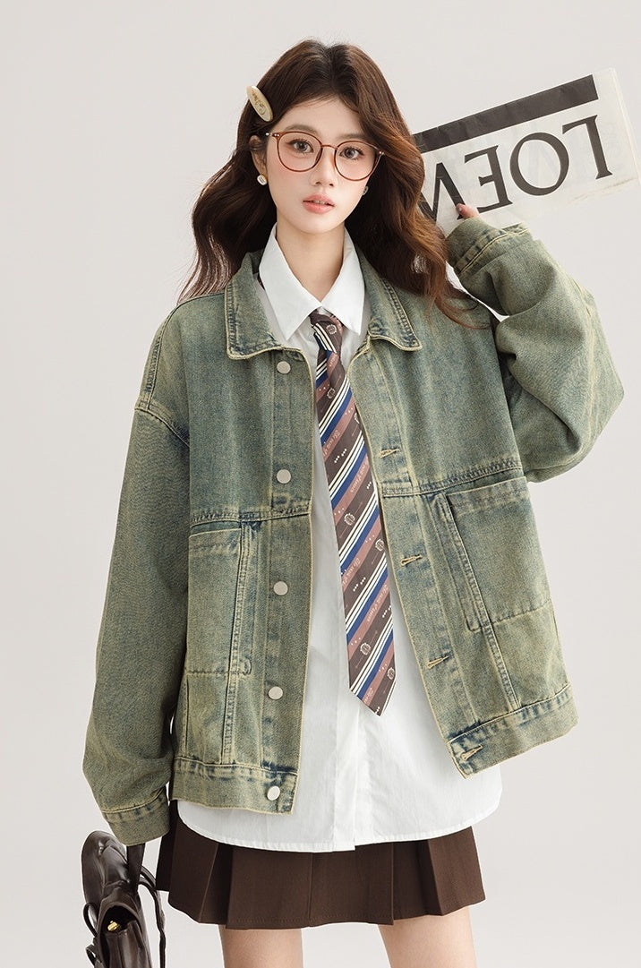 Green Vintage Denim Jacket Casual Chic
