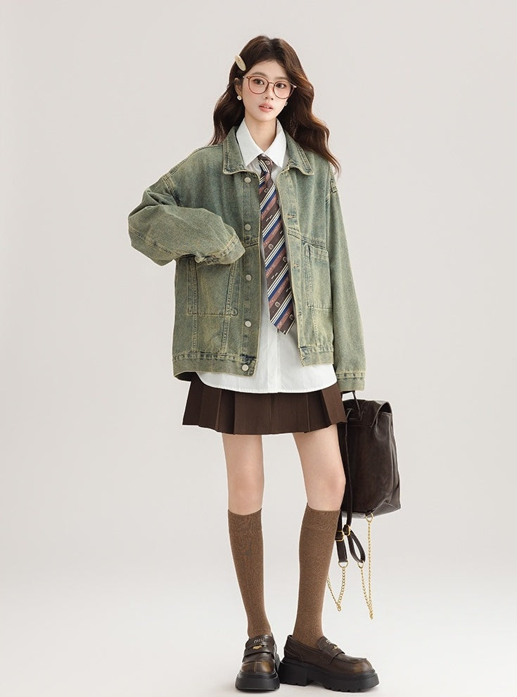 Green Vintage Denim Jacket Casual Chic