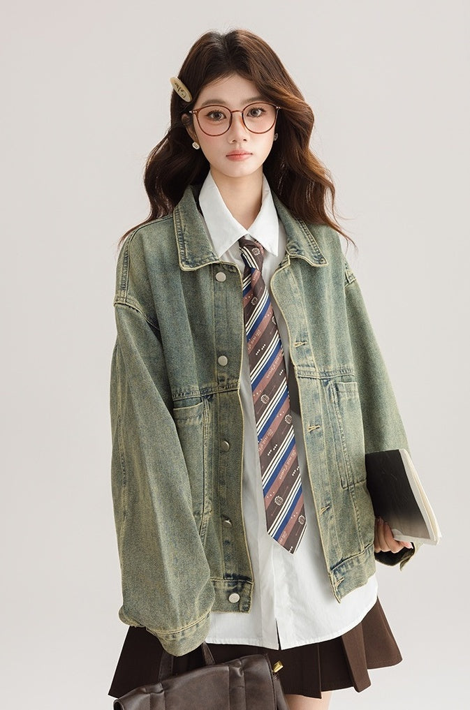 Green Vintage Denim Jacket Casual Chic