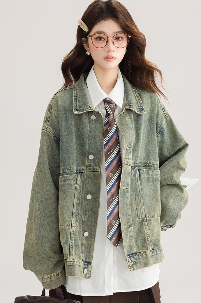 Green Vintage Denim Jacket Casual Chic