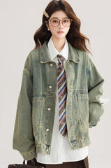 Green Vintage Denim Jacket Casual Chic