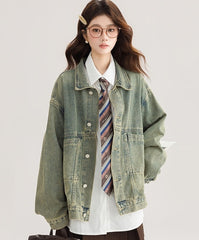 Green Vintage Denim Jacket Casual Chic