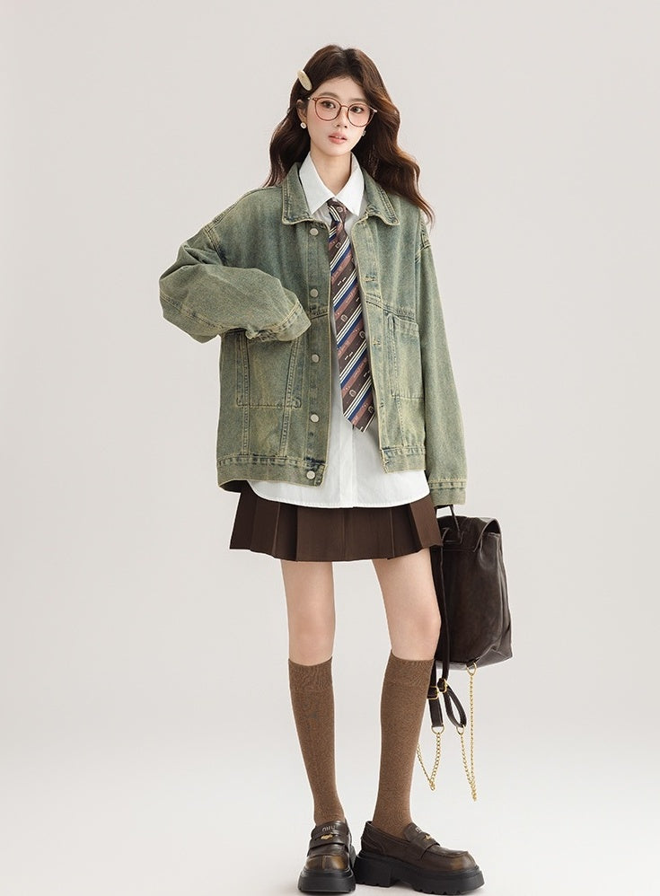Green Vintage Denim Jacket Casual Chic