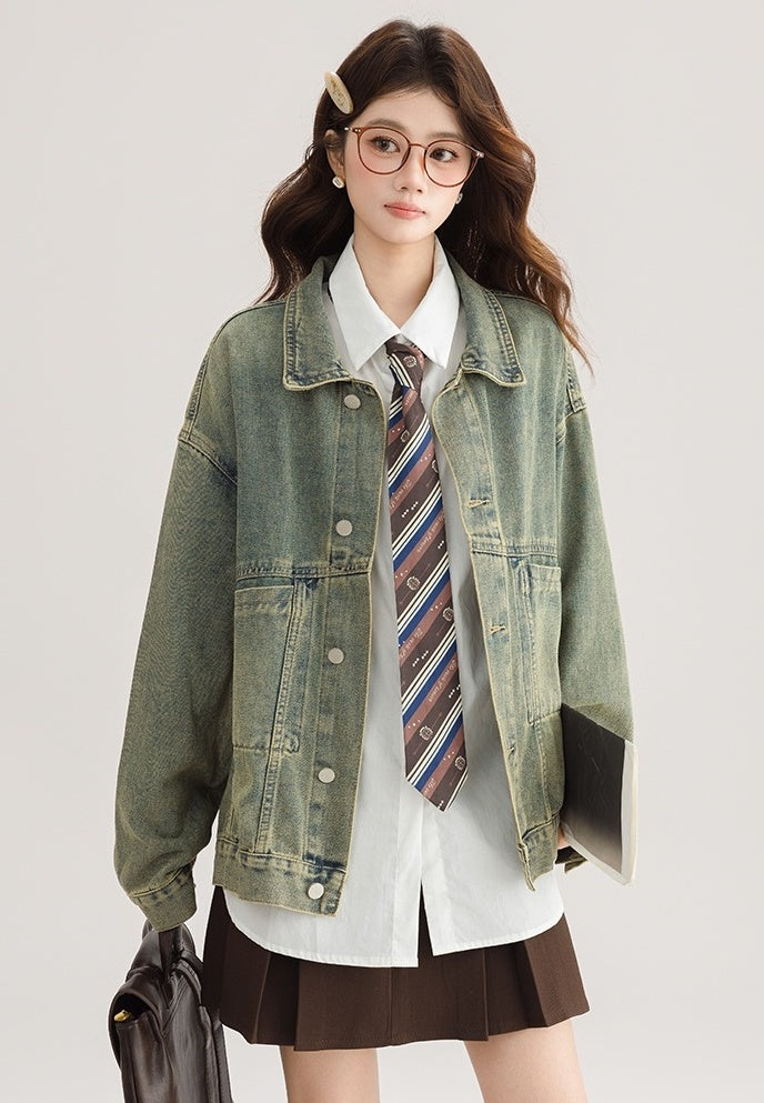 Green Vintage Denim Jacket Casual Chic