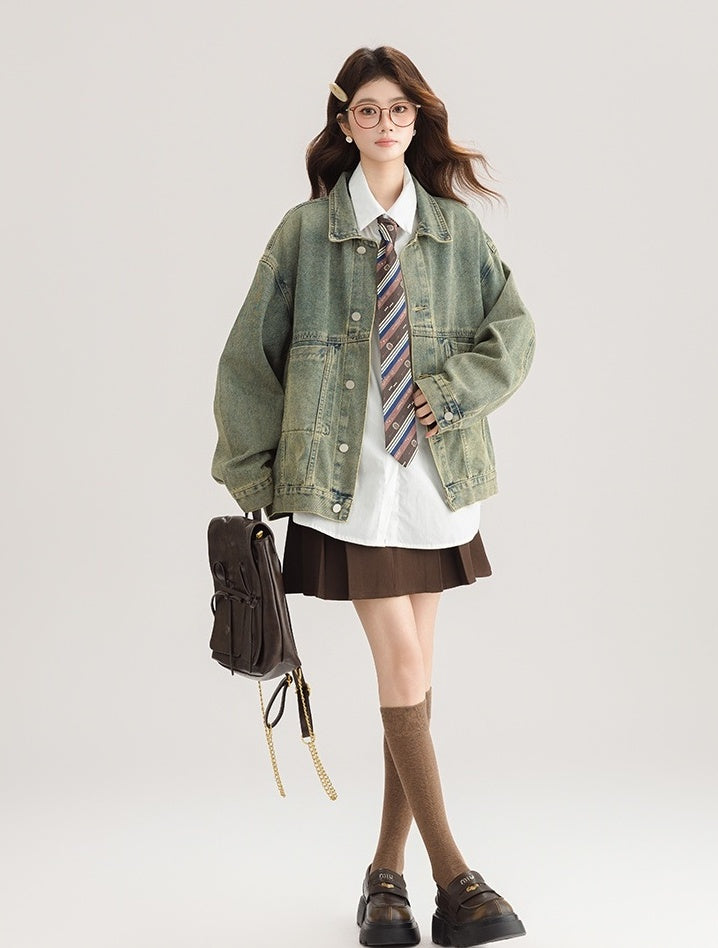 Green Vintage Denim Jacket Casual Chic