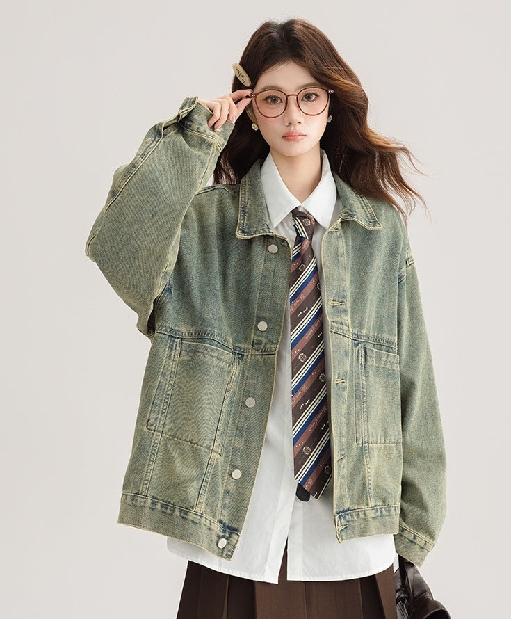 Green Vintage Denim Jacket Casual Chic