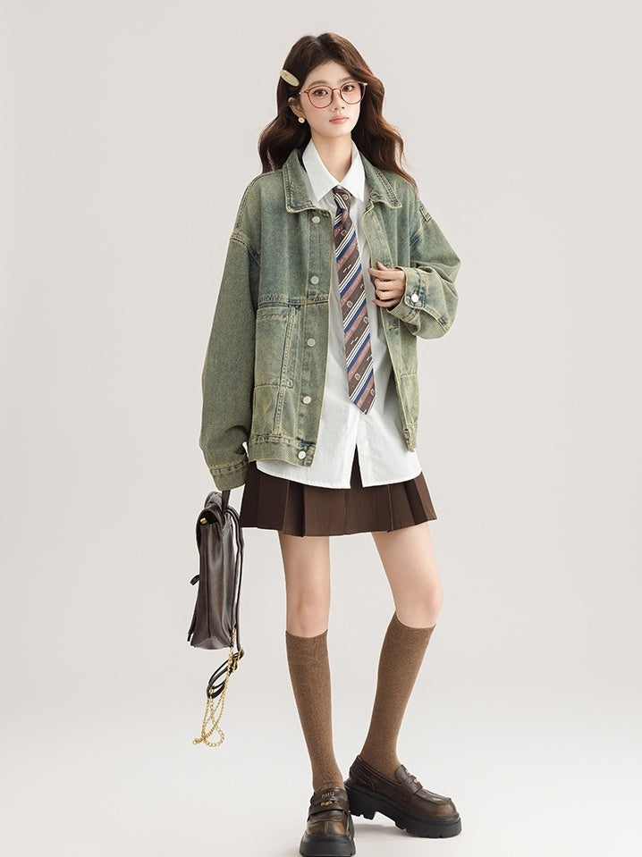 Green Vintage Denim Jacket Casual Chic