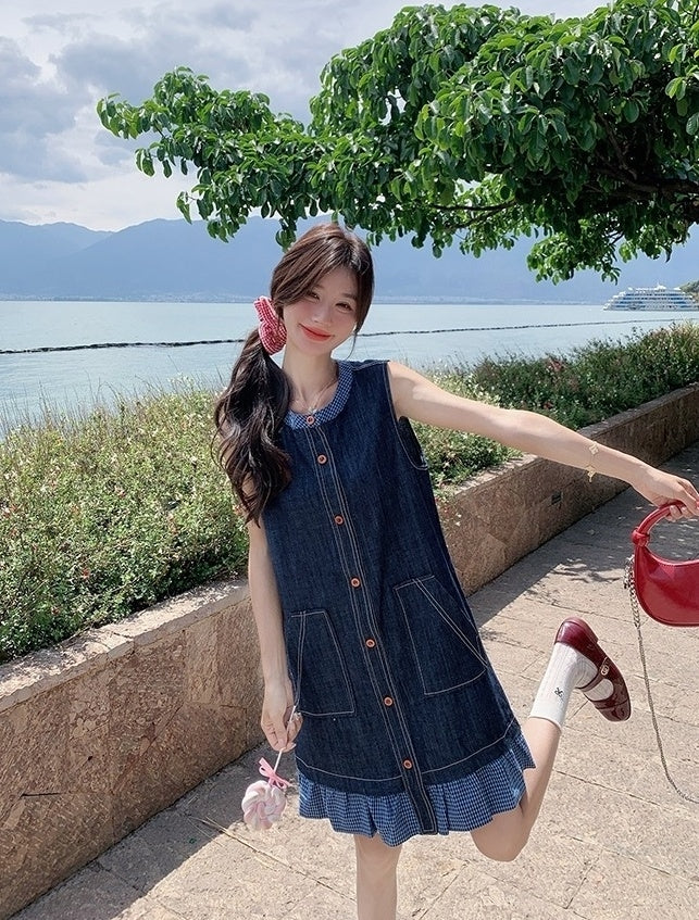 Vintage Denim Lace Trim Sleeveless Dress