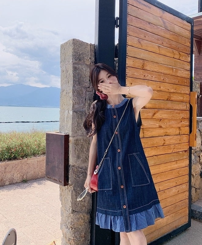 Vintage Denim Lace Trim Sleeveless Dress