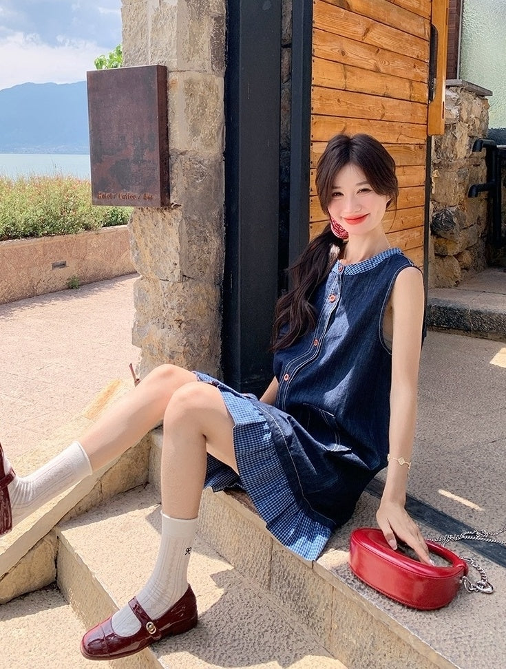 Vintage Denim Lace Trim Sleeveless Dress