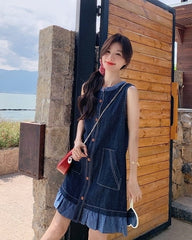 Vintage Denim Lace Trim Sleeveless Dress