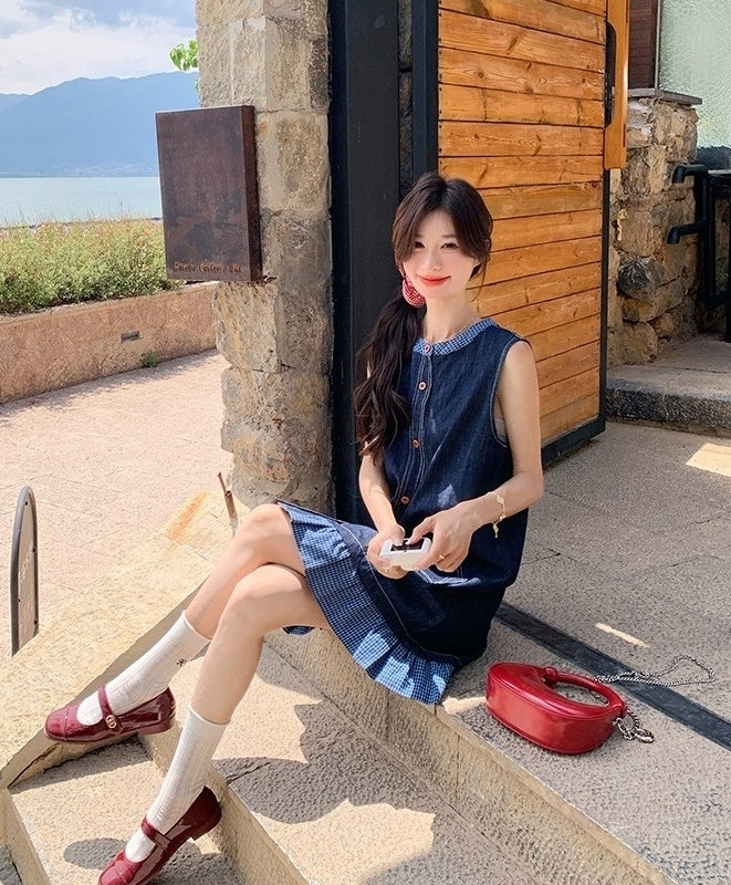 Vintage Denim Lace Trim Sleeveless Dress