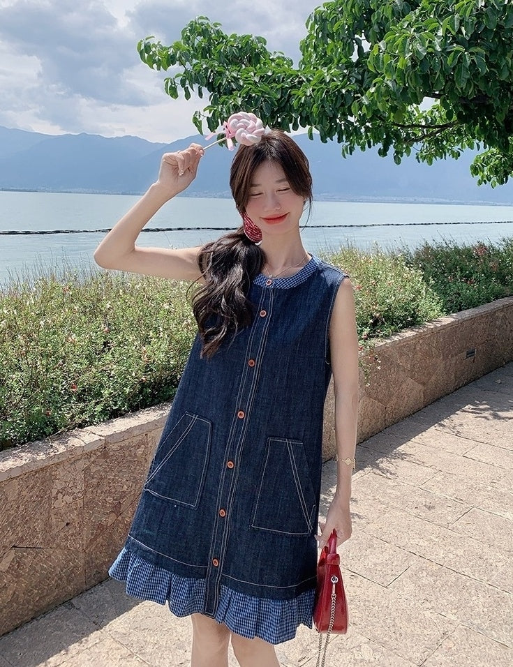 Vintage Denim Lace Trim Sleeveless Dress
