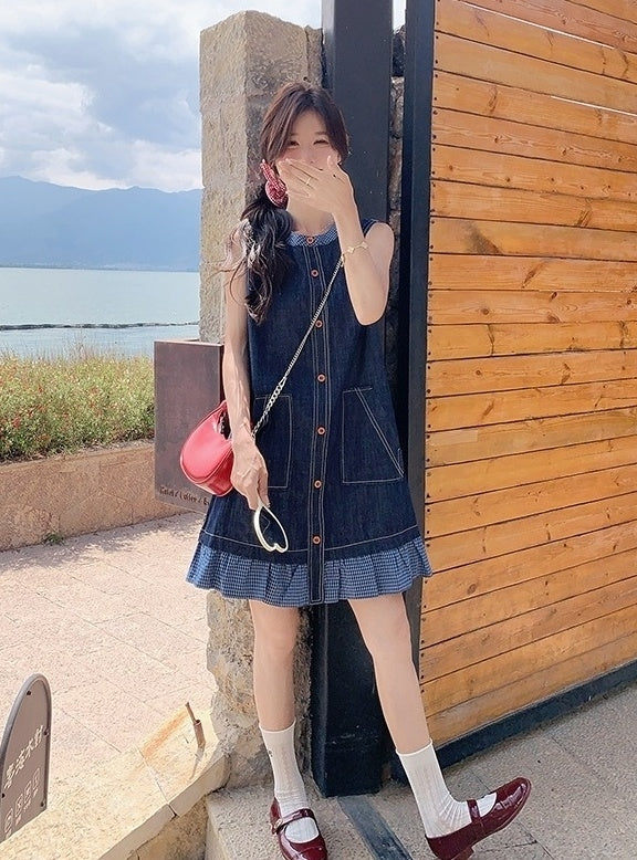 Vintage Denim Lace Trim Sleeveless Dress