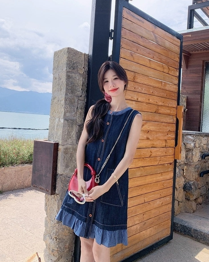 Vintage Denim Lace Trim Sleeveless Dress
