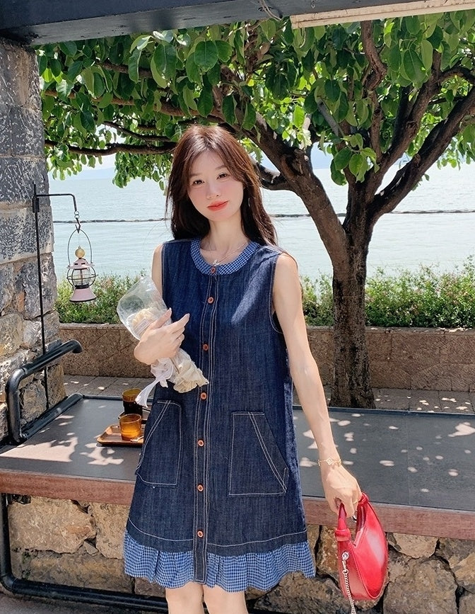 Vintage Denim Lace Trim Sleeveless Dress
