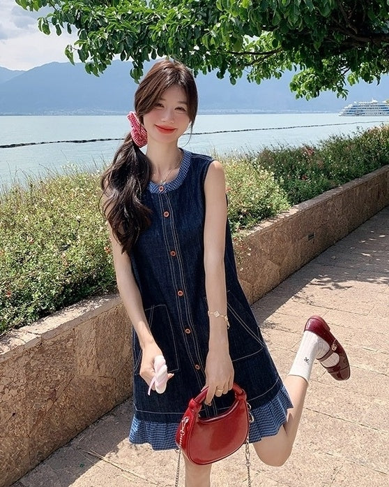 Vintage Denim Lace Trim Sleeveless Dress