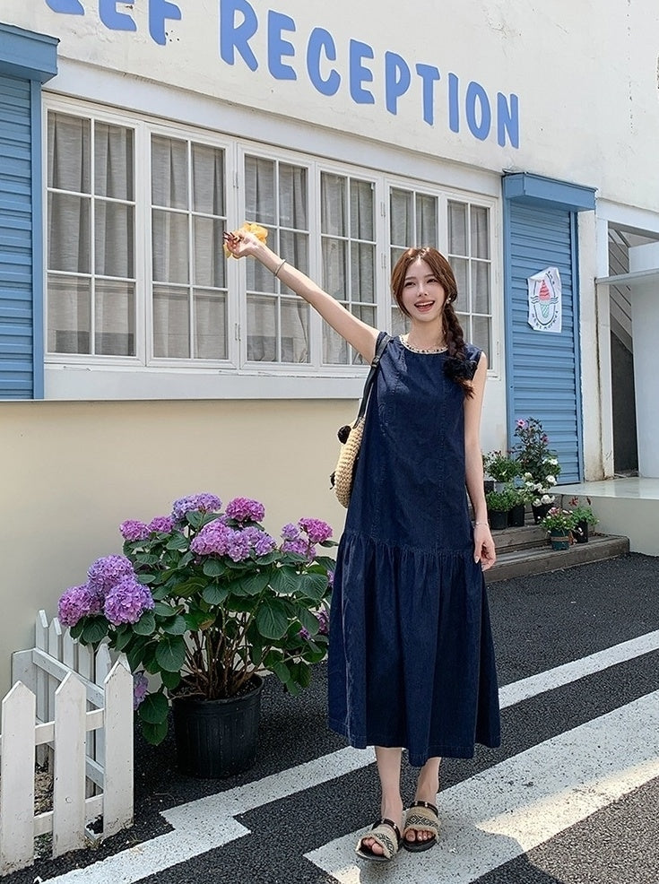 Vintage Denim Long Dress Romantic Sweet Style