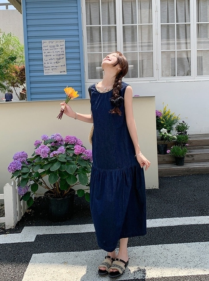 Vintage Denim Long Dress Romantic Sweet Style