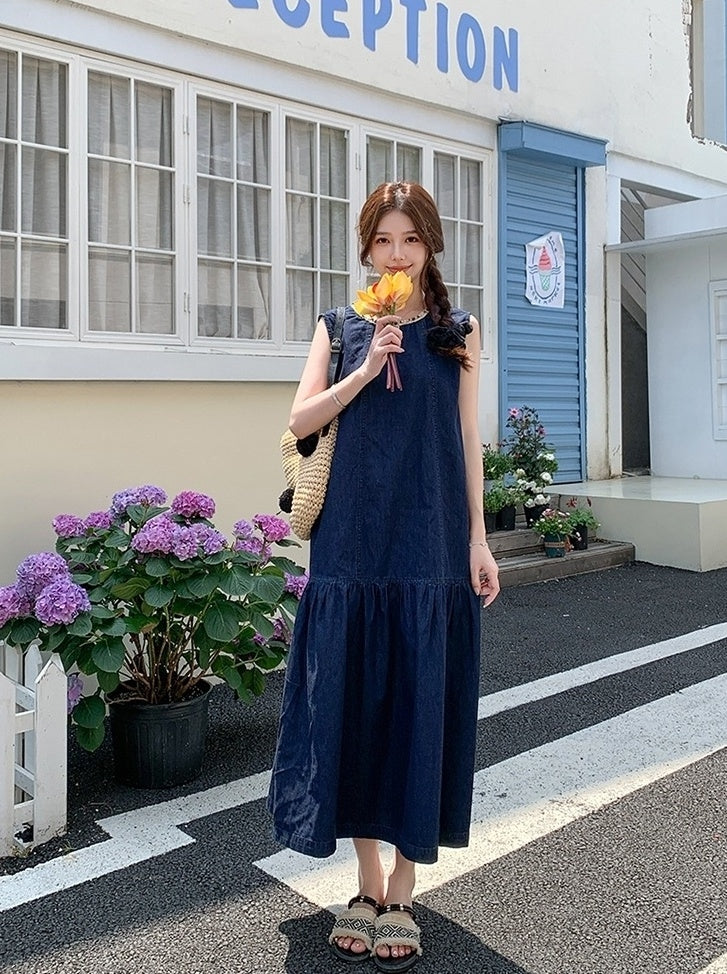 Vintage Denim Long Dress Romantic Sweet Style