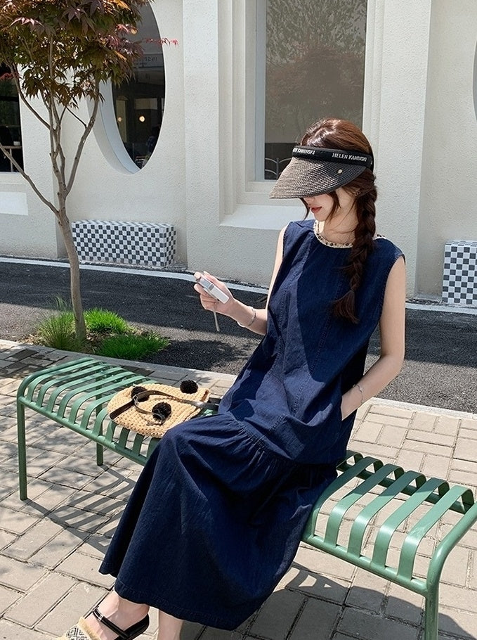 Vintage Denim Long Dress Romantic Sweet Style