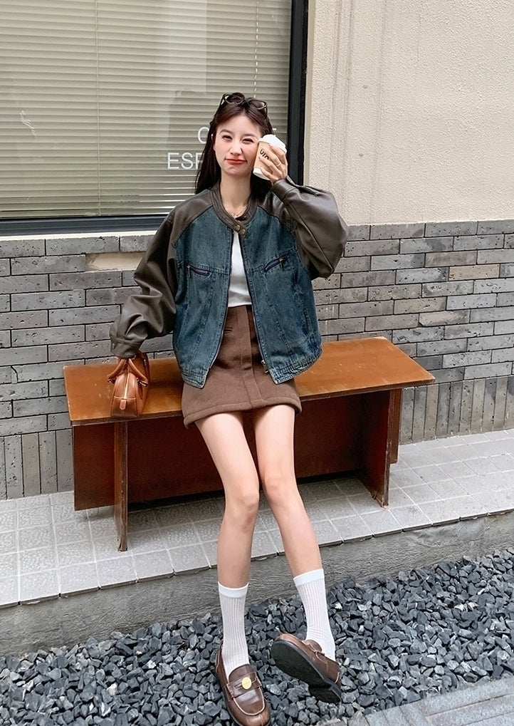 Vintage Denim Pu Patchwork Loose Short Jacket