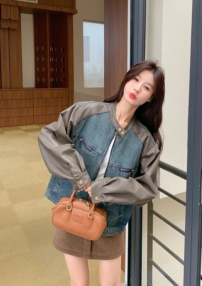 Vintage Denim Pu Patchwork Loose Short Jacket