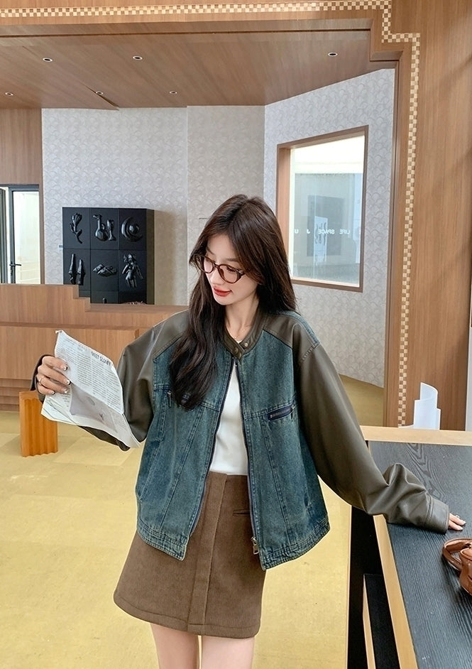 Vintage Denim Pu Patchwork Loose Short Jacket