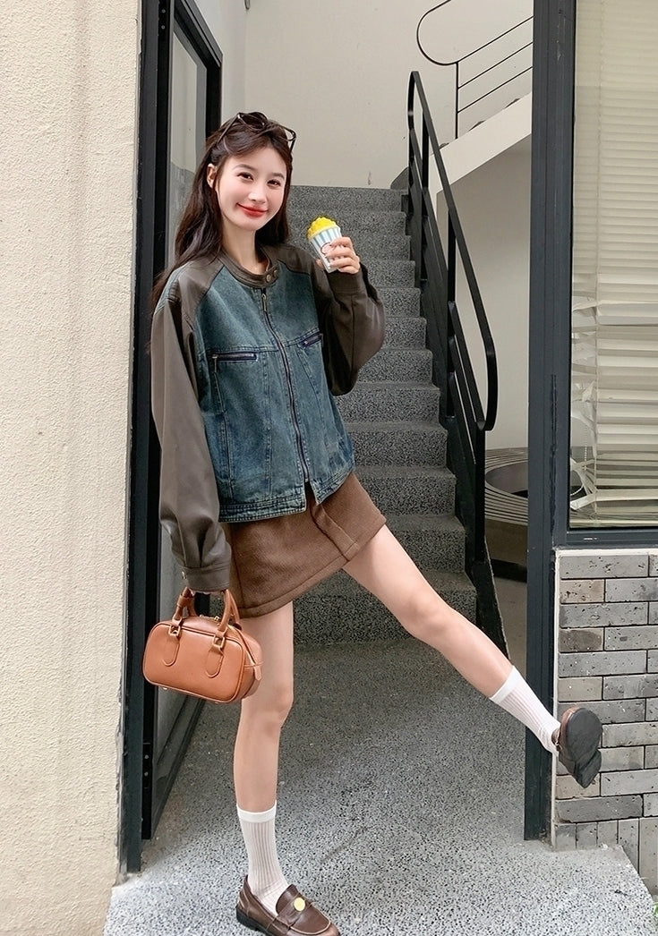 Vintage Denim Pu Patchwork Loose Short Jacket