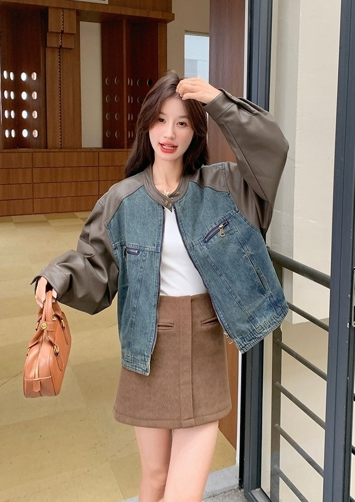 Vintage Denim Pu Patchwork Loose Short Jacket
