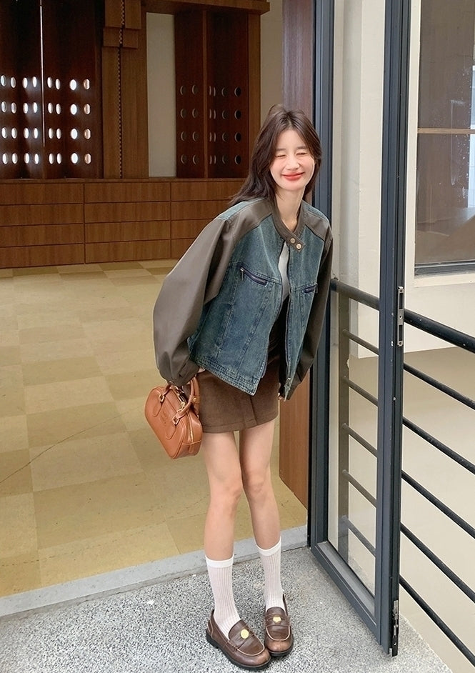 Vintage Denim Pu Patchwork Loose Short Jacket